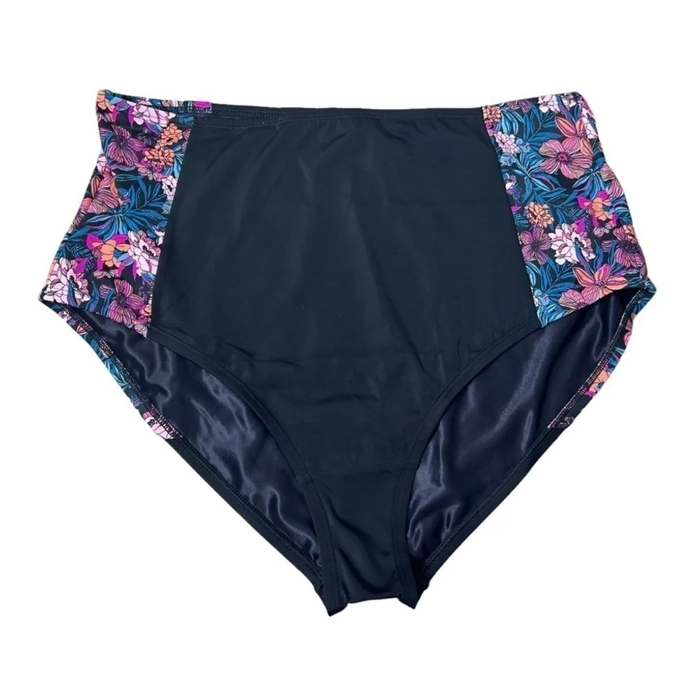 Venus Black Floral Print Maximum Shaping High-Waist Swim Bikini Bottom Size 18
